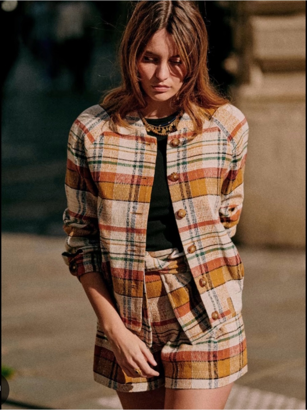 Sezane Mike Plaid Button-Front Jacket in Mustard, Cream & Rust
